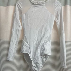 White long sleeved meshed leotard. Size Pre-teen (PT) barely used. Brand: Mariia